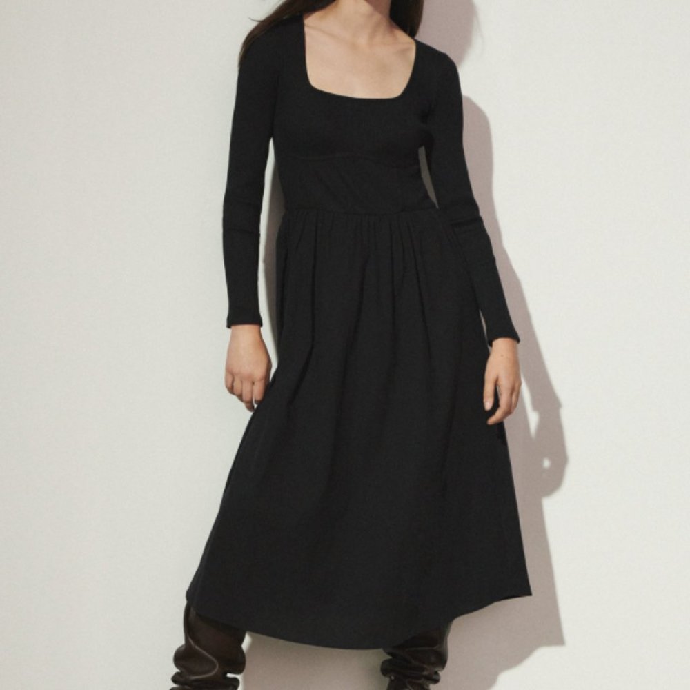 ZARA BLACK SQUARE NECK RIBBED CORSET MIDI DRESS